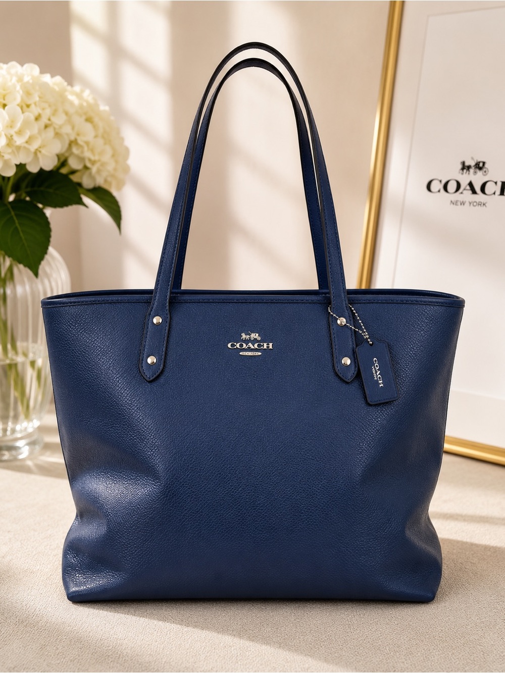 Coach Navy Blue Leather Tote with Double Straps